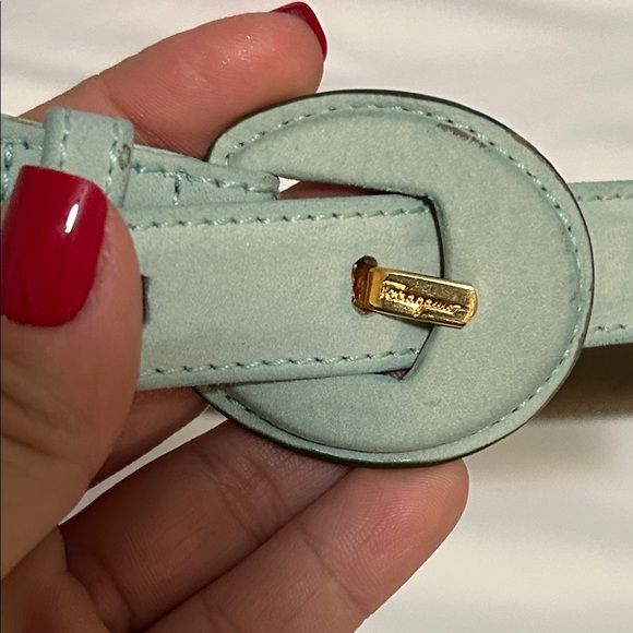 Vintage Salvatore Ferragamo Mint Green Belt with Gold Accents Suede Leather - Picture 3 of 7